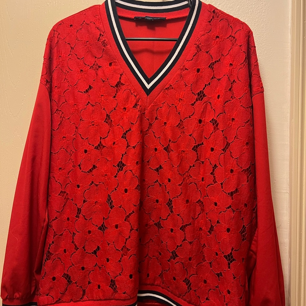 Tommy Hilfiger Red V-Neck Sweater with Striped Trim